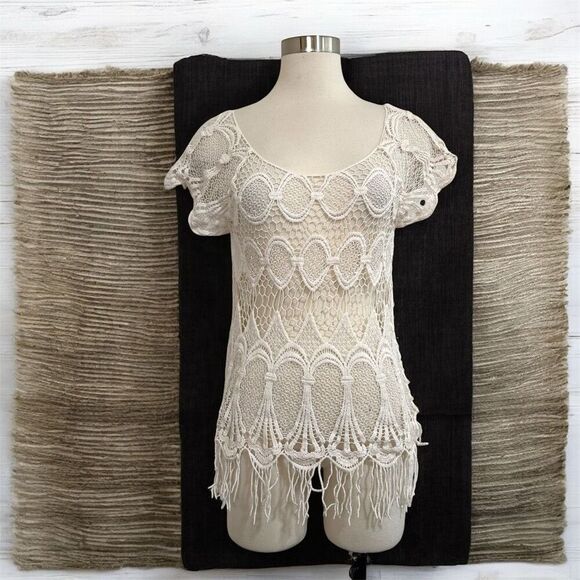 Vivid Imports Y2K Cream Crochet Woven Lace Top Shirt Small Knit - Picture 1 of 8